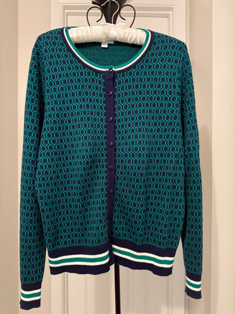 Charter Club Green & Navy Geometric Button-Up Women's Sweater Size L